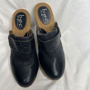 b.o.c Born Concept Black Leather Cut-Out Block Heel Mules Comfort Sz 8/39